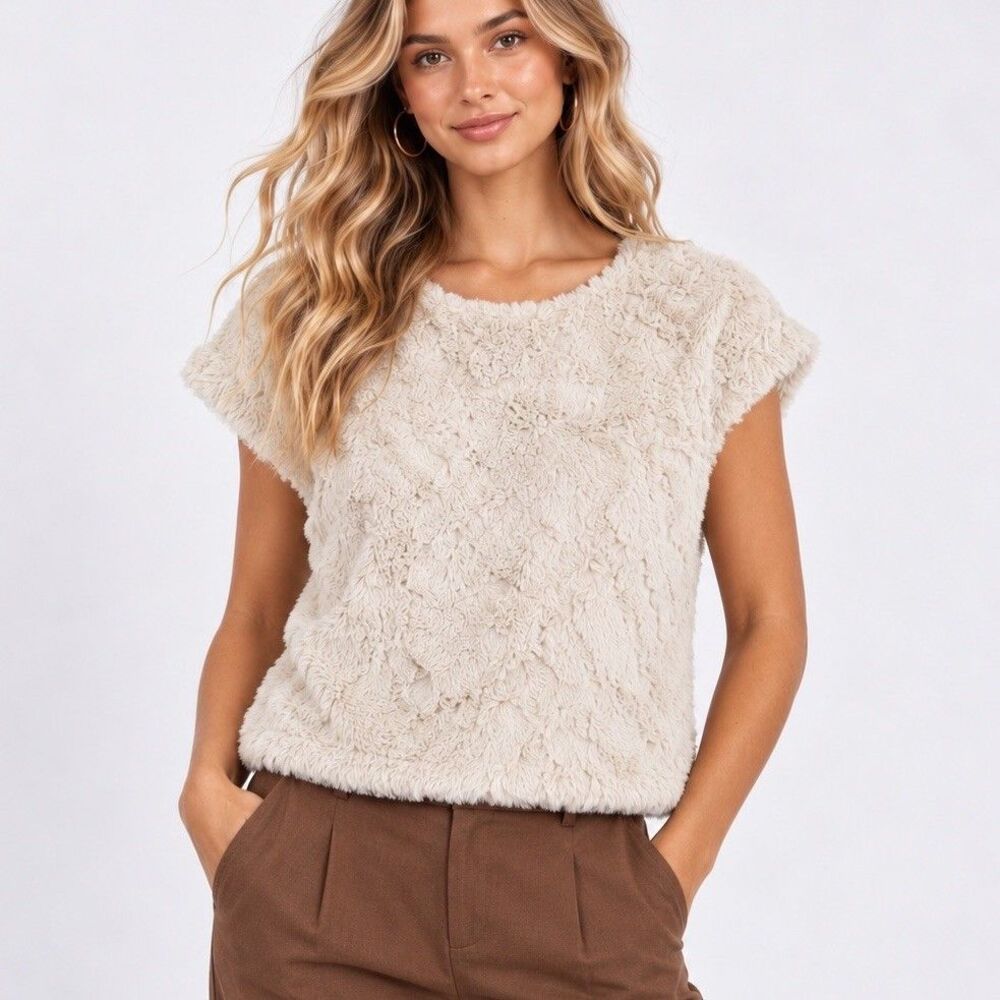 Maeve Anthropologie Faux Fur Top Womens M Cream Textured Cap Sleeve Boxy